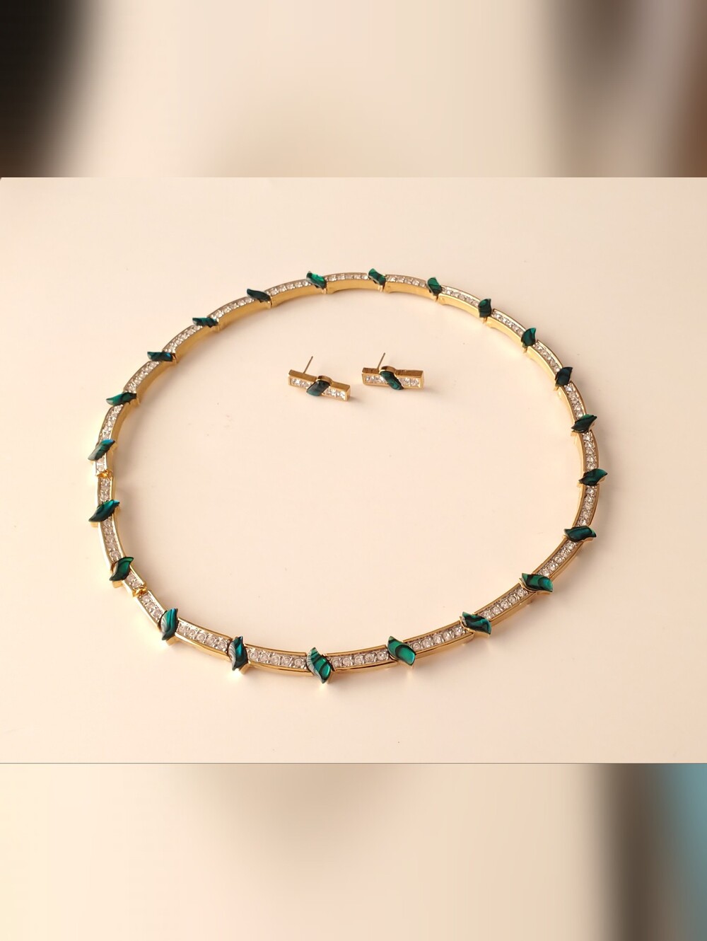 Vtg. Nicky Butler Gold Tone Necklace and Earrings with Green Stones